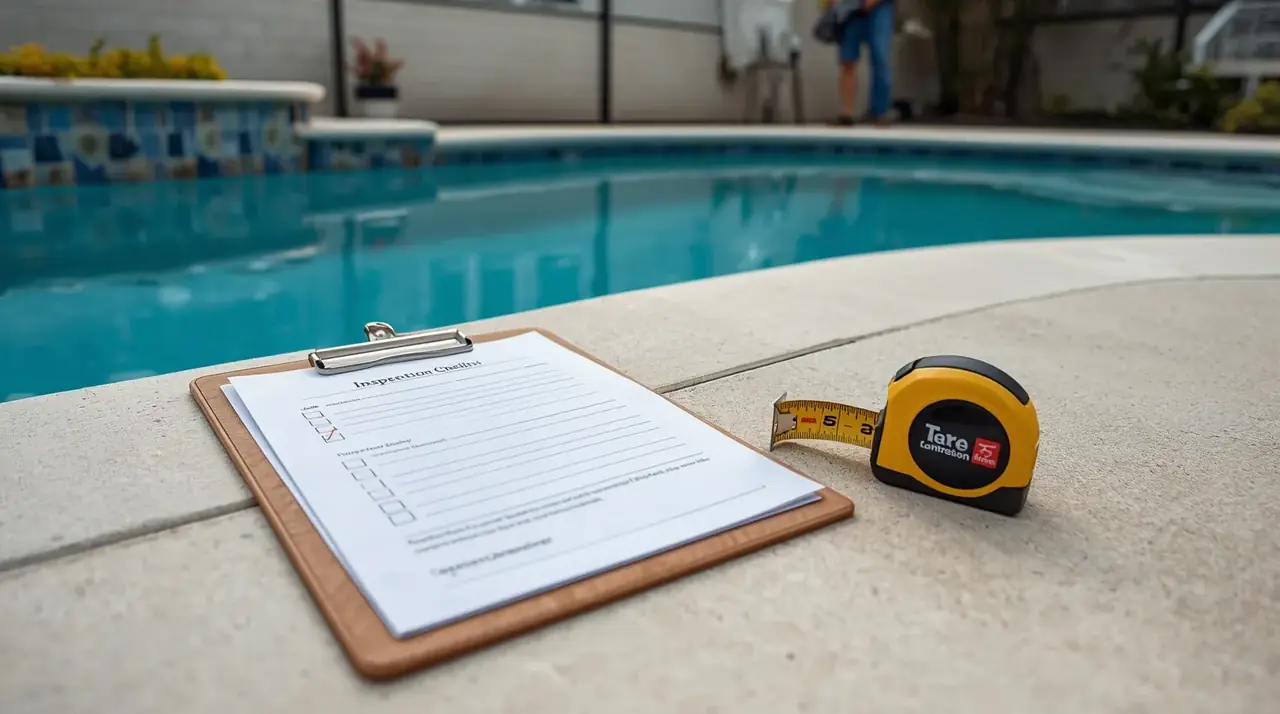 Inspection checklist on a clipboard and a tape measure resting on a concrete pool deck beside a Florida pool