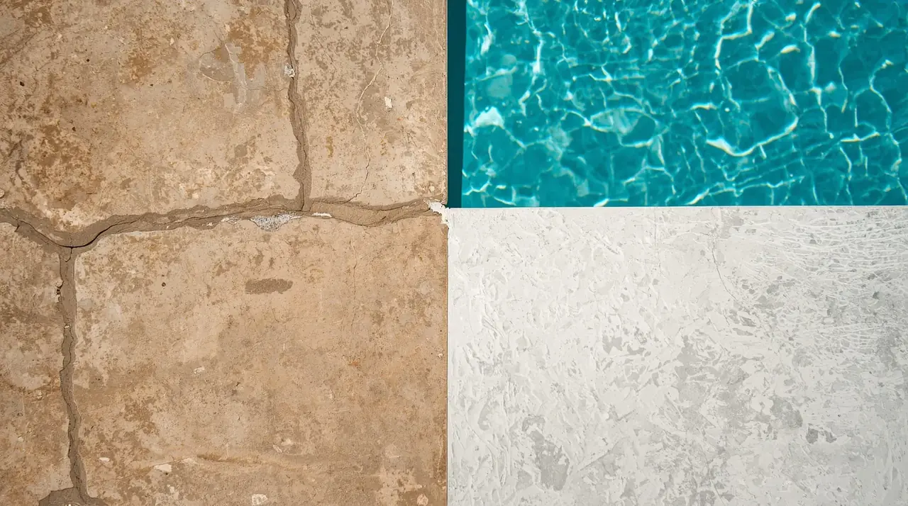 Side-by-side view of cracked, worn concrete next to a smooth freshly resurfaced pool deck beside the pool edge